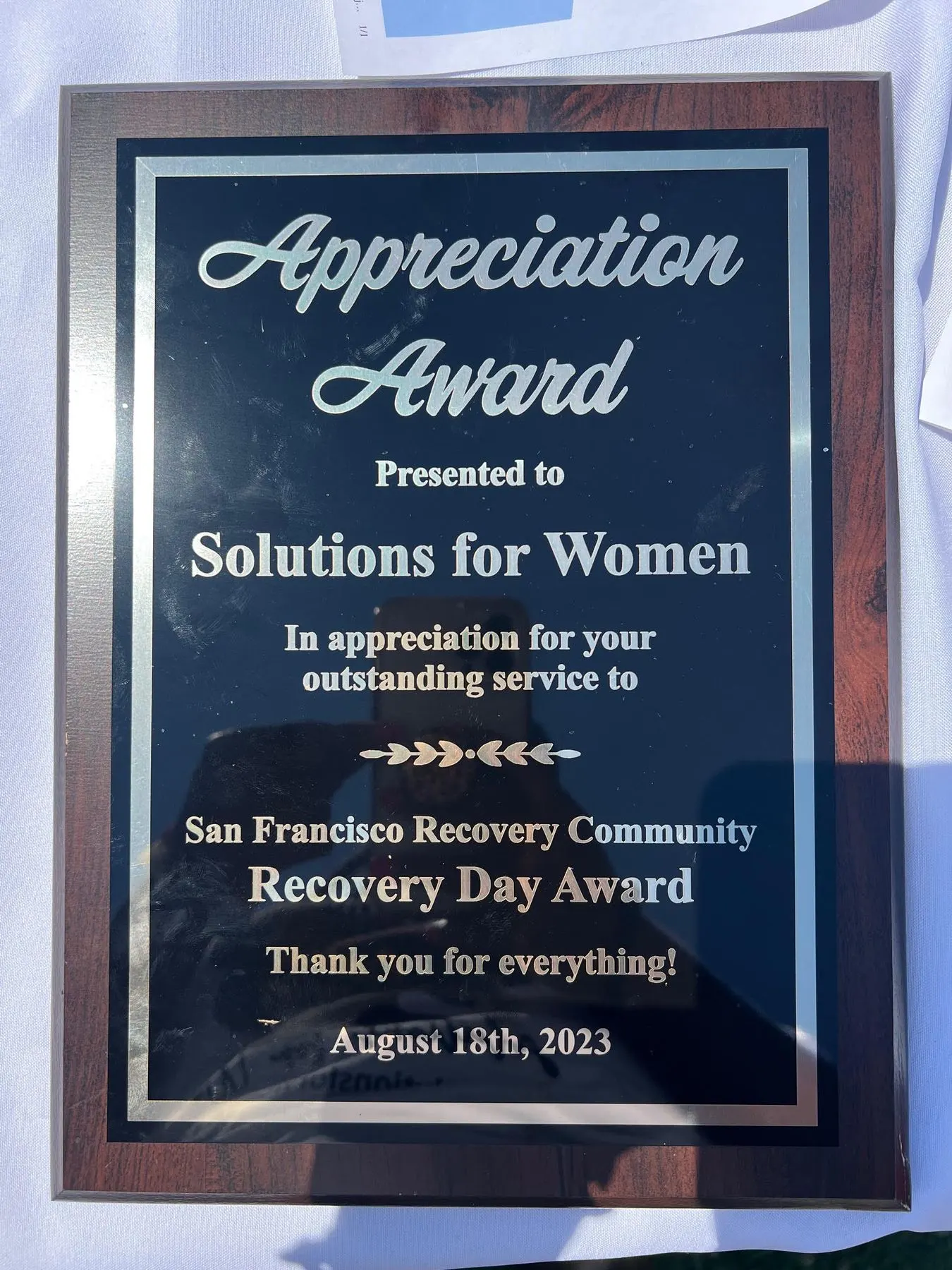 Appreciation Award presented to Solutions for Women, August 18th, 2023