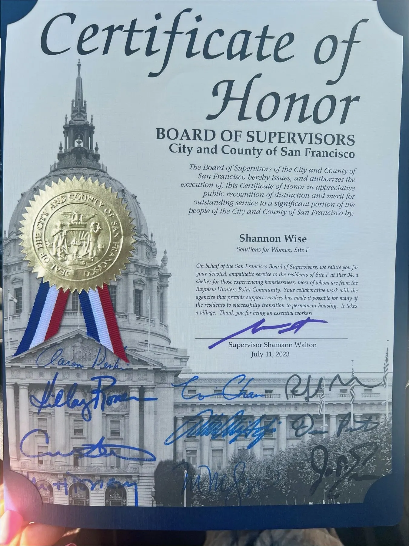 Certificate of Honor from the San Francisco Board of Supervisors